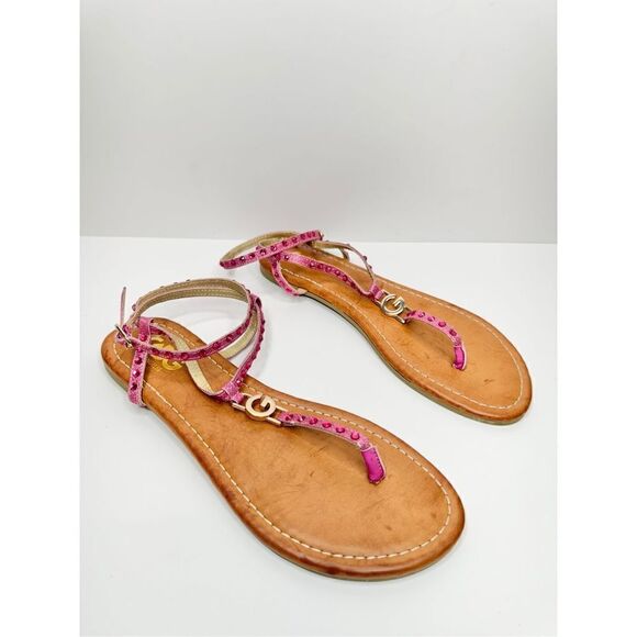 GBG Los Angeles T Strap Sandals Size 7.5 Pink Gold Logo Ankle Strap - Picture 2 of 6